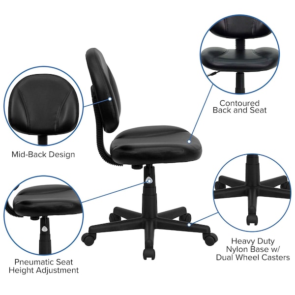 Flash Furniture Leather Task Chair, 17-1/2" to 22-1/2", Loop Arms, Black - BT-688-BK-GG