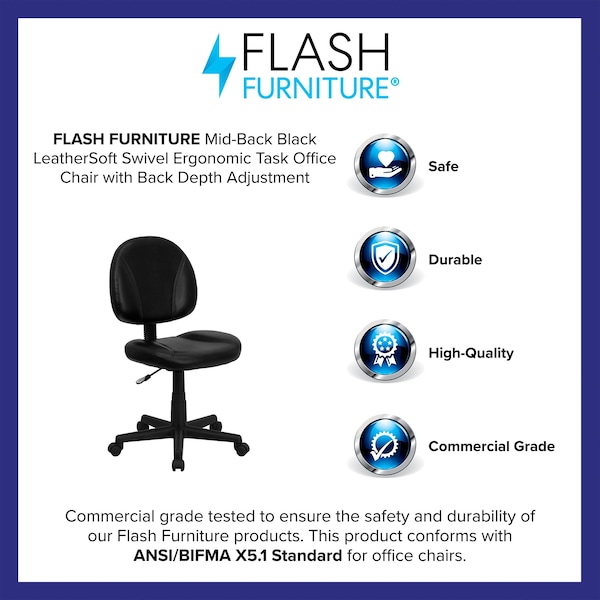 Flash Furniture Leather Task Chair, 17-1/2" to 22-1/2", Loop Arms, Black - BT-688-BK-GG