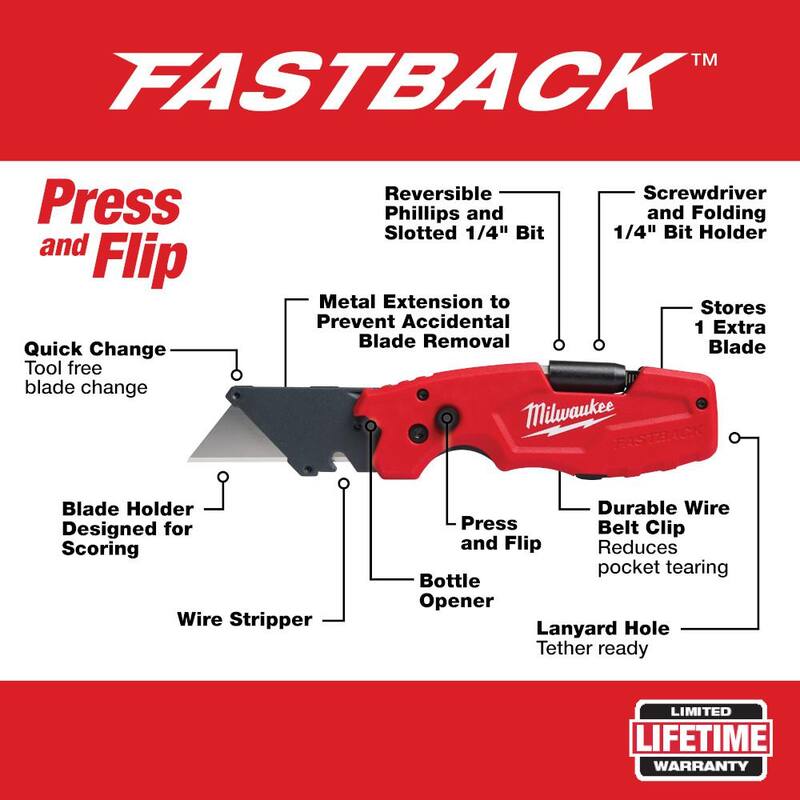 Milwaukee FASTBACK 6-in-1 Folding Utility Knife with General Purpose Blade and 7 in. Rafter Square - 48-22-1505-MLSQ070