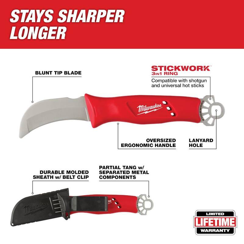 Milwaukee Lineman's Blunt Tip Hawkbill 3 .5 in. Knife w/STICKWORK 3 - In-1 Ring and Lineman's Underground 3 in. Fixed Blade Knife - 48-22-1923-48-22-1929