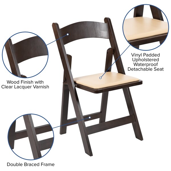 Flash Furniture HERCULES Series Chocolate Wood Folding Chair with Vinyl Padded Seat - XF-2903-CHOC-WOOD-GG