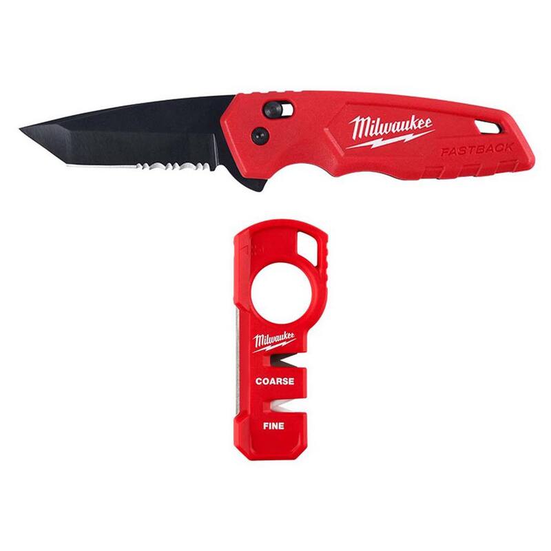 Milwaukee FASTBACK Stainless Steel Spring Assisted Folding Knife with 2.95 in. Blade with Compact Knife Sharpener (2-Piece) - 48-22-1530-48-22-1590