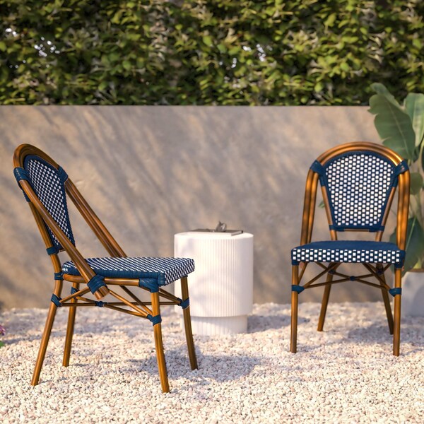 Flash Furniture Navy/White PE Rattan Stacking Paris Chair, 2PK - 2-SDA-AD642001-NVYWH-NAT-GG