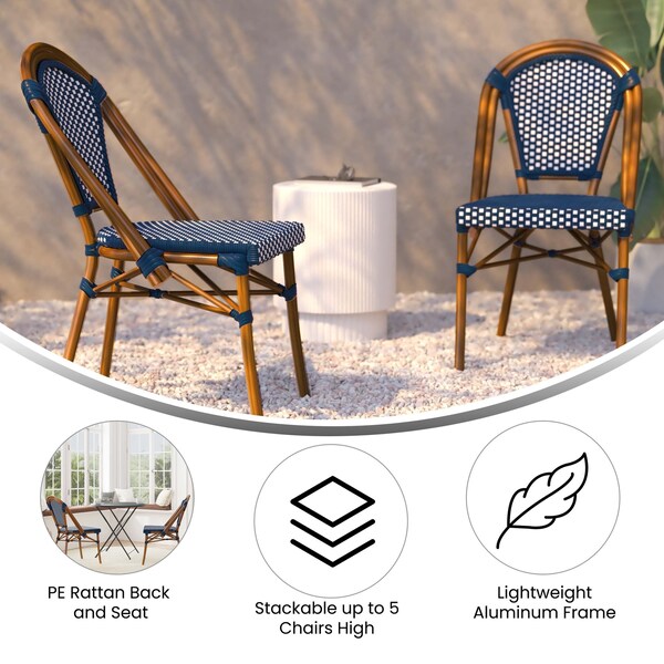 Flash Furniture Navy/White PE Rattan Stacking Paris Chair, 2PK - 2-SDA-AD642001-NVYWH-NAT-GG