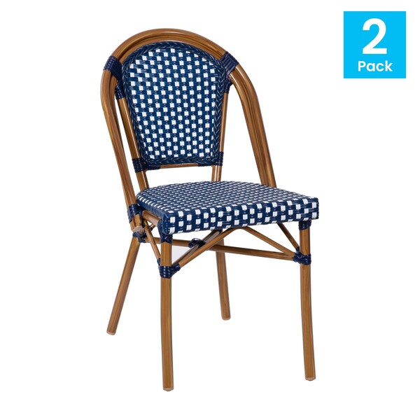 Flash Furniture Navy/White PE Rattan Stacking Paris Chair, 2PK - 2-SDA-AD642001-NVYWH-NAT-GG