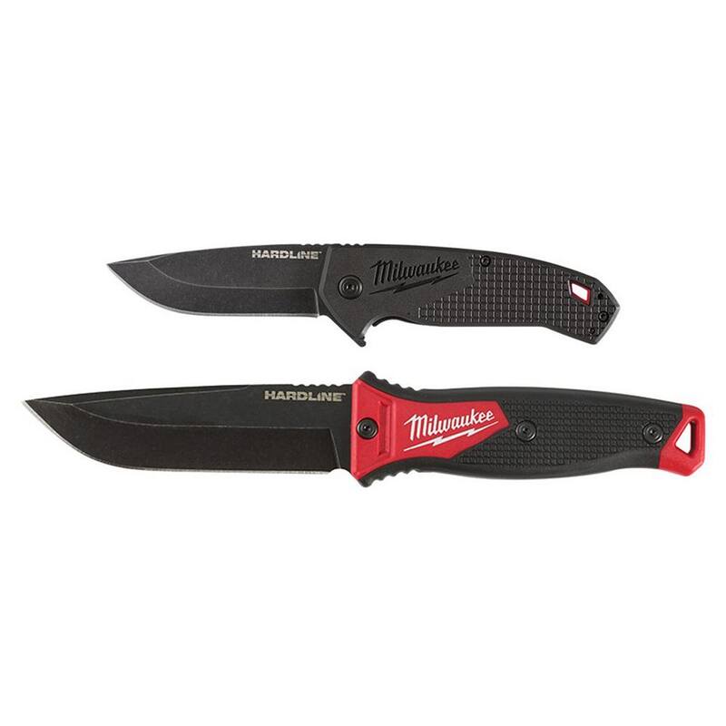 Milwaukee 3 in. Hardline D2 Steel Smooth Blade Pocket Folding Knife and 5 in. Hardline AUS-8 Steel Fixed Blade Knife - 48-22-1994-48-22-1928