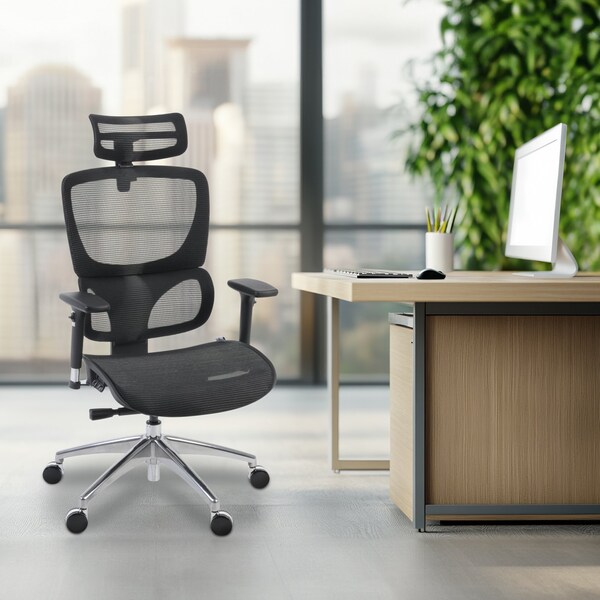 Regency Omega Mesh O-2 Tech Ergonomic Management Office Chair with Headrest/Adjustable Lumbar Support, Blk - OMG002BK