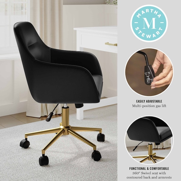 Martha Stewart Rayna Upholstered Office Chair in Black/Polished Brass - CH-220921-6-BK-GLD-MS