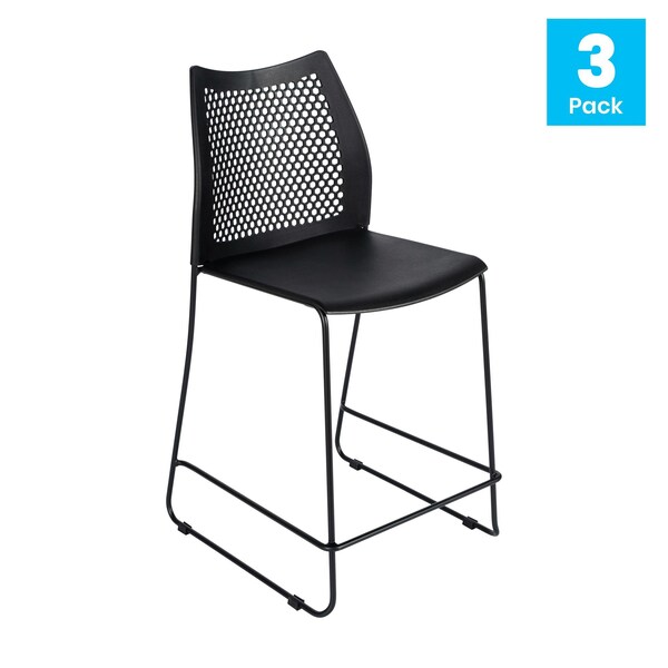 Flash Furniture HERCULES Series Black Stack Counter Stool with Air-Vent Back and Black Powder Coated Sled Base, 3PK - 3-RUT-498A-CS-BK-GG