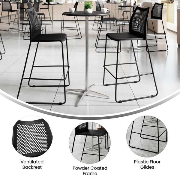 Flash Furniture HERCULES Series Black Stack Bar Stool with Air-Vent Back and Black Powder Coated Sled Base, 3PK - 3-RUT-498A-BS-BK-GG