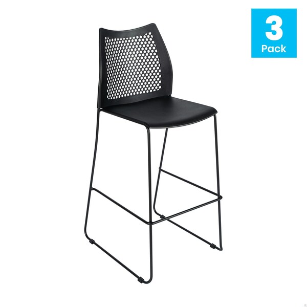 Flash Furniture HERCULES Series Black Stack Bar Stool with Air-Vent Back and Black Powder Coated Sled Base, 3PK - 3-RUT-498A-BS-BK-GG
