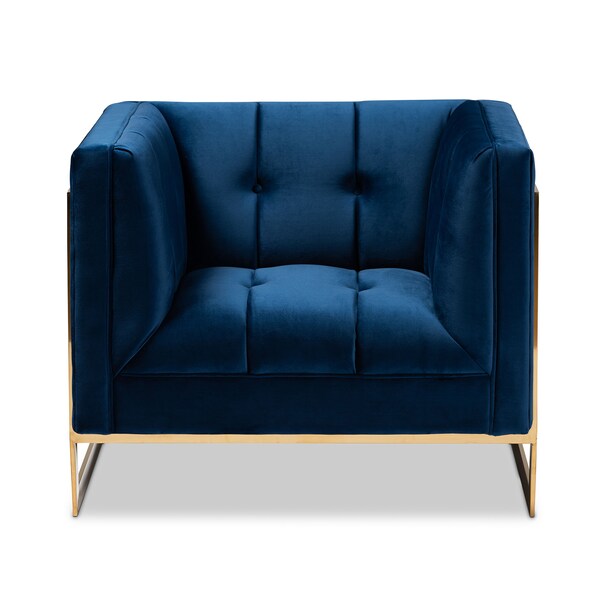 Baxton Studio Ambra Blue Velvet Upholstered and Tufted Armchair with Gold-Tone Frame - 156-8868