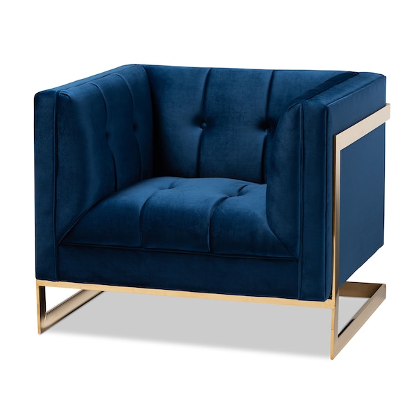 Baxton Studio Ambra Blue Velvet Upholstered and Tufted Armchair with Gold-Tone Frame - 156-8868
