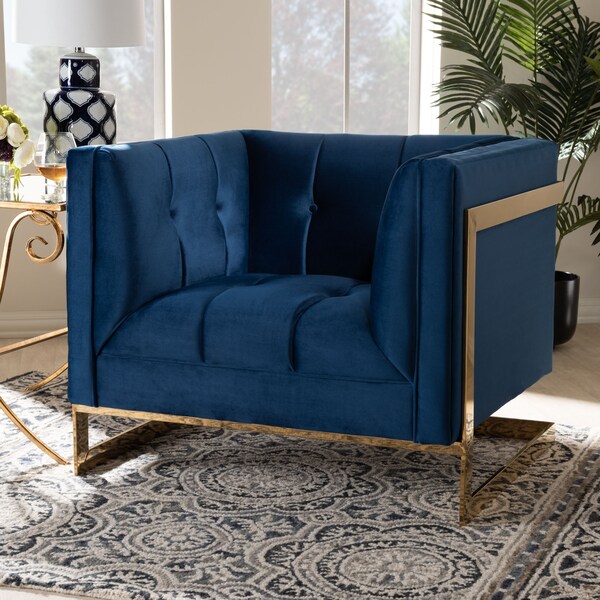 Baxton Studio Ambra Blue Velvet Upholstered and Tufted Armchair with Gold-Tone Frame - 156-8868