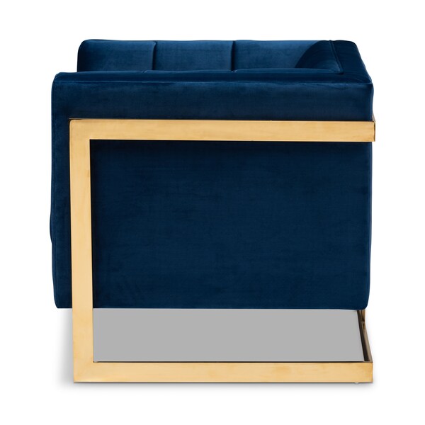 Baxton Studio Ambra Blue Velvet Upholstered and Tufted Armchair with Gold-Tone Frame - 156-8868