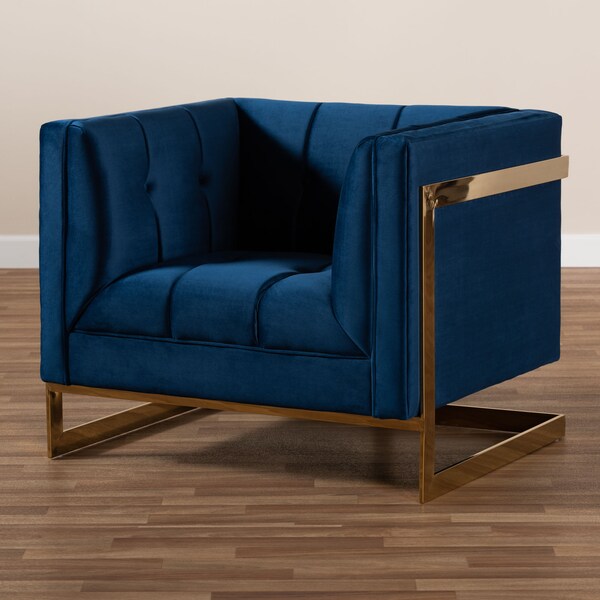 Baxton Studio Ambra Blue Velvet Upholstered and Tufted Armchair with Gold-Tone Frame - 156-8868