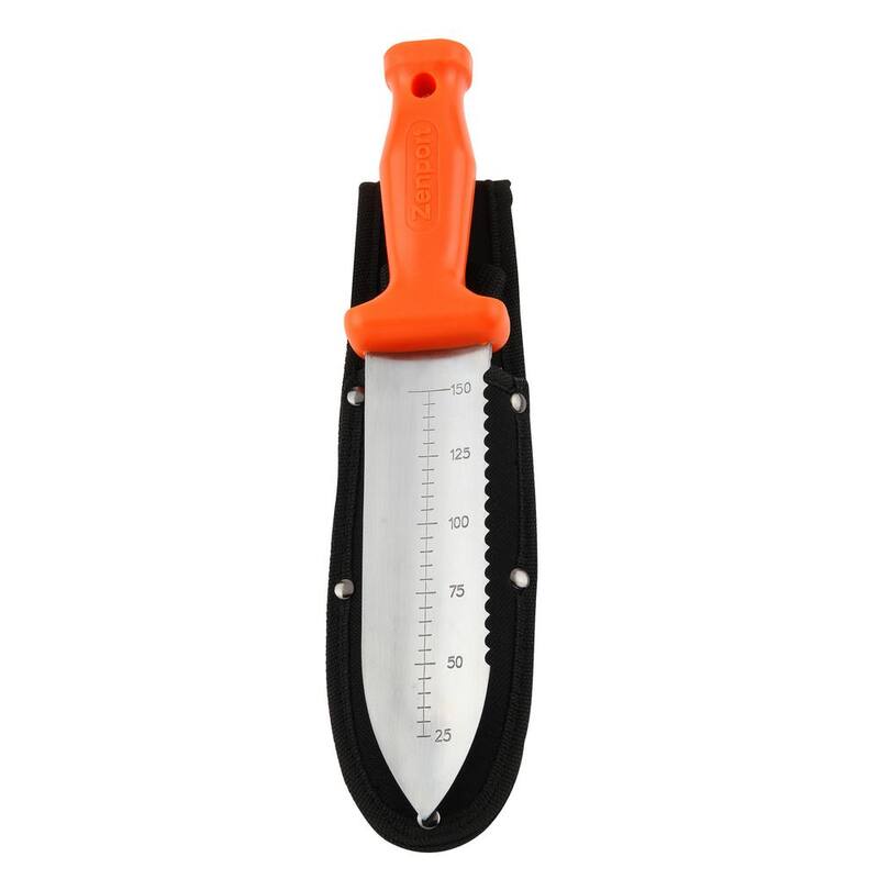 Unbranded Deluxe ZenBori Soil Knife with Sheath, 6 in. Stainless Steel Serrated Blade and Depth Measurement Markings - K246