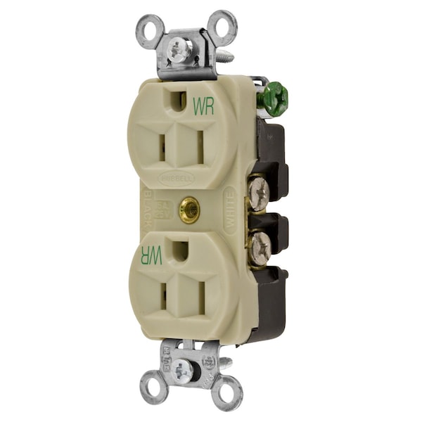 Hubbell Wiring Device-Kellems Straight Blade Devices, Weather Resistant Receptacles, Duplex, Commercial/Industrial Grade, 2-Pole 3-Wire Grounding, 15A 125V, 5-15R, Ivory - 5262IWR
