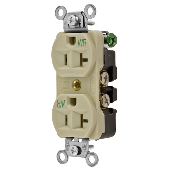 Hubbell Wiring Device-Kellems Straight Blade Devices, Weather Resistant Receptacles, Duplex, Commercial/Industrial Grade, 2-Pole 3-Wire Grounding, 15A 125V, 5-15R, Ivory - 5362IWR