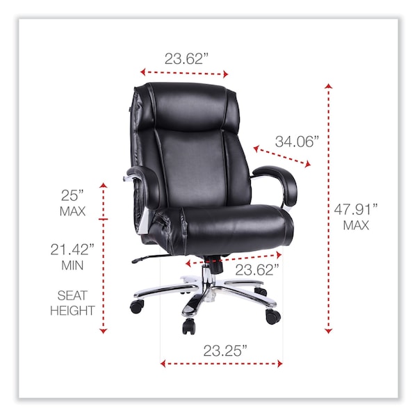 Alera Big and Tall Chair Big/Tall Leather Chair, Black/Chrome, Padded Arms, 20-1/4" to 24-1/4" Height - ALEMS4419