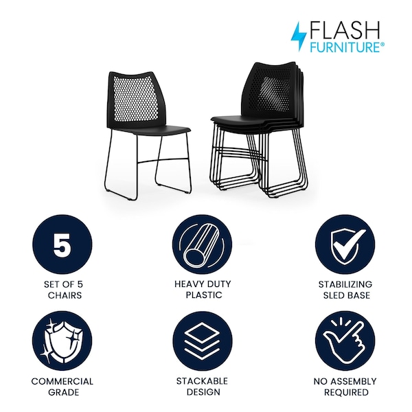 Flash Furniture Black Plastic Sled Stack Chair - 5-RUT-498A-BLACK-GG