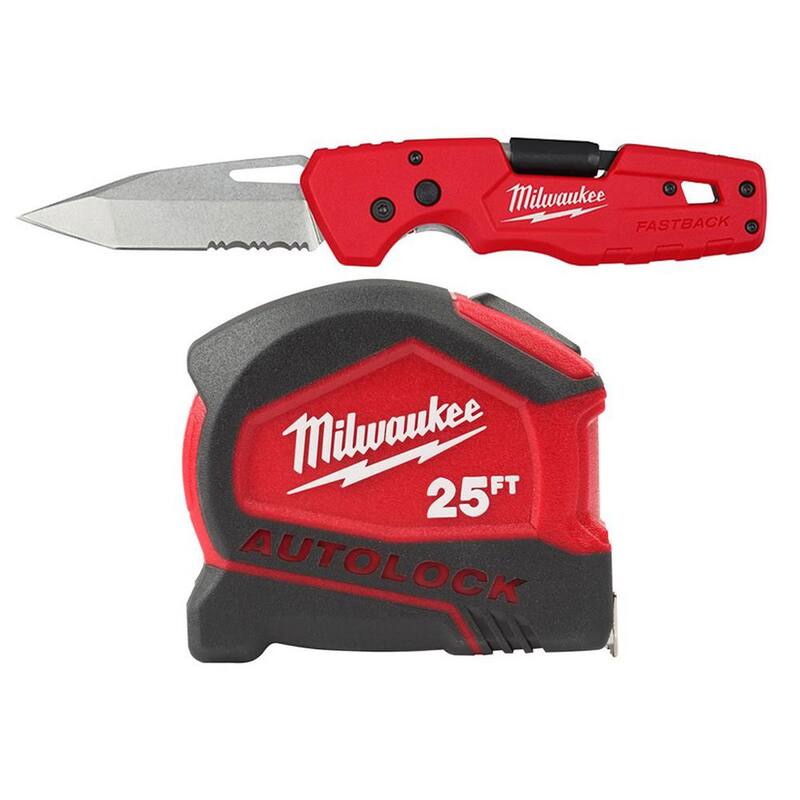 Milwaukee FASTBACK 3 in. Blade 5-in-1 Folding Knife and 25 ft. Compact Auto Lock Tape Measure (2-Piece) - 48-22-1540-48-22-6825