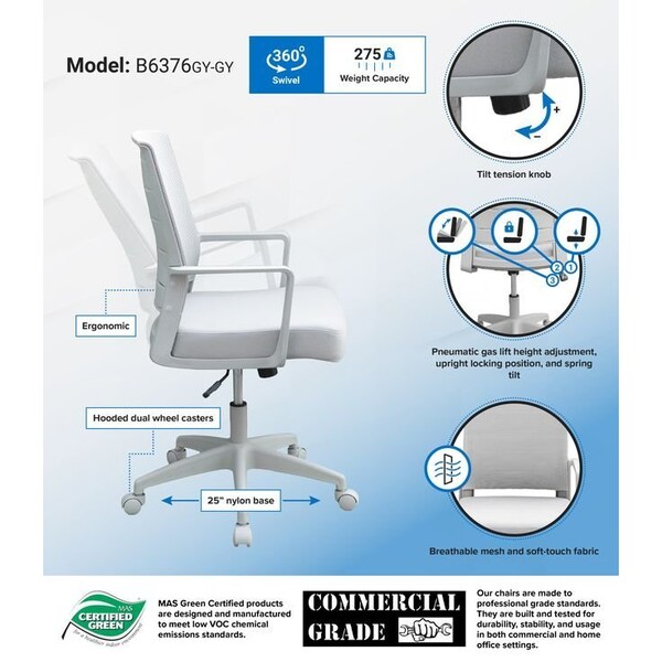 Boss Office Products Task Chair Gray Frame, Gray Mesh and Fabric - B6376GY-GY