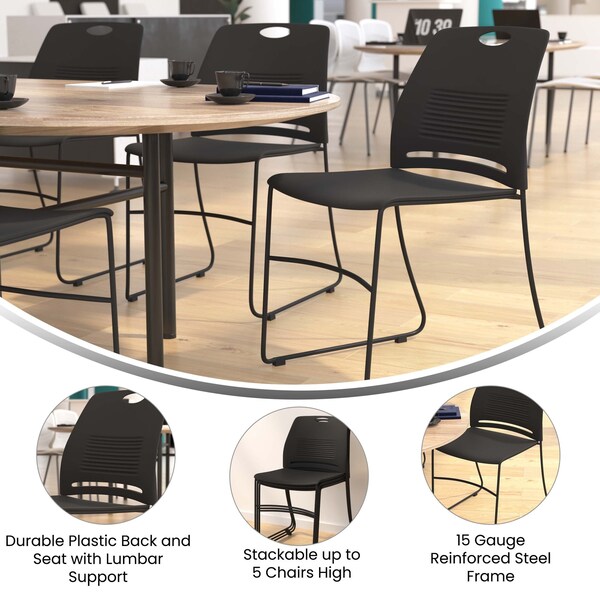 Flash Furniture Black Plastic Stack Chair with Steel Sled Base, PK 5 - 5-RUT-NC499A-BK-GG