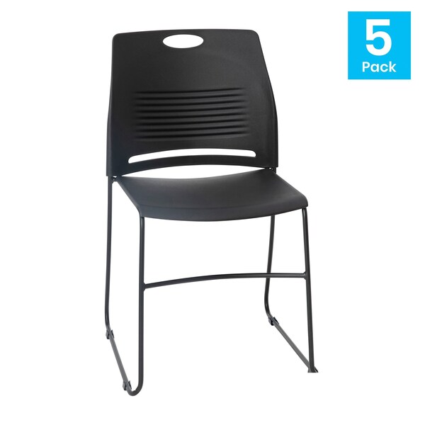 Flash Furniture Black Plastic Stack Chair with Steel Sled Base, PK 5 - 5-RUT-NC499A-BK-GG