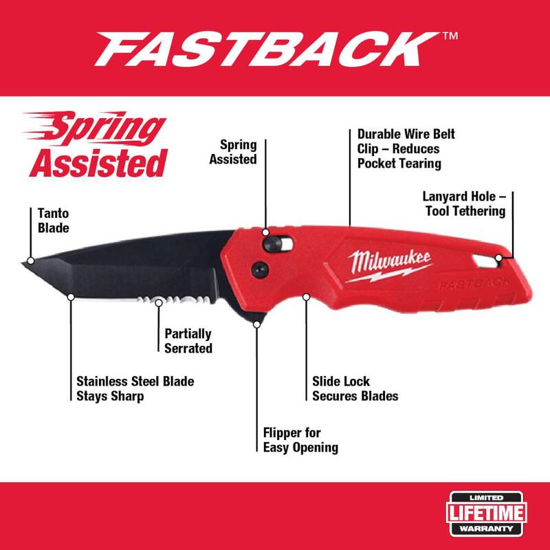 Milwaukee 3 in. Hardline D2 Steel Serrated Blade Pocket Folding Knife and FASTBACK Stainless Steel Spring Assisted Folding Knife - 48-22-1998-48-22-1530