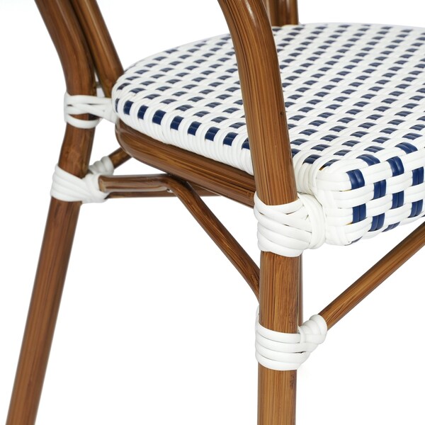 Flash Furniture Lourdes Thonet French Bistro Stacking Chair w/Arms, White/Navy PE Rattan/Bamboo Alum Frame, 2PK - 2-SDA-AD642002A-WHNVY-NAT-GG