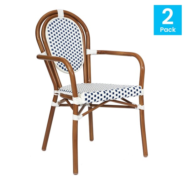 Flash Furniture Lourdes Thonet French Bistro Stacking Chair w/Arms, White/Navy PE Rattan/Bamboo Alum Frame, 2PK - 2-SDA-AD642002A-WHNVY-NAT-GG