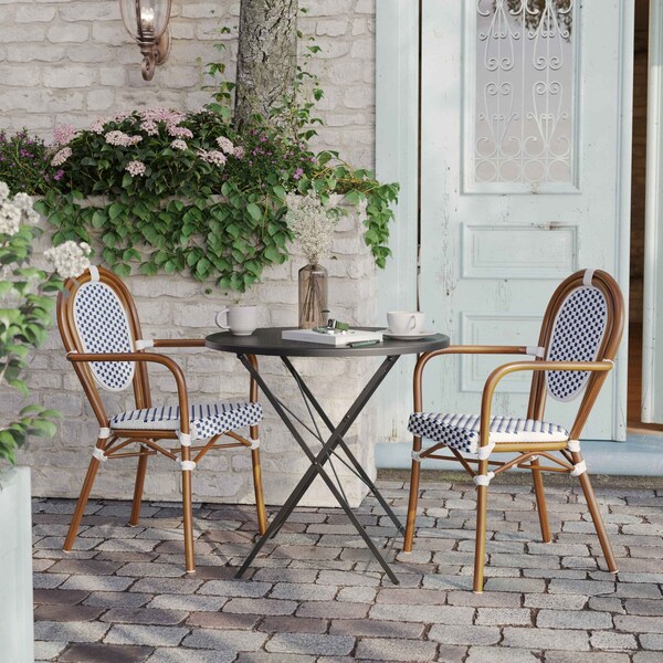 Flash Furniture Lourdes Thonet French Bistro Stacking Chair w/Arms, White/Navy PE Rattan/Bamboo Alum Frame, 2PK - 2-SDA-AD642002A-WHNVY-NAT-GG