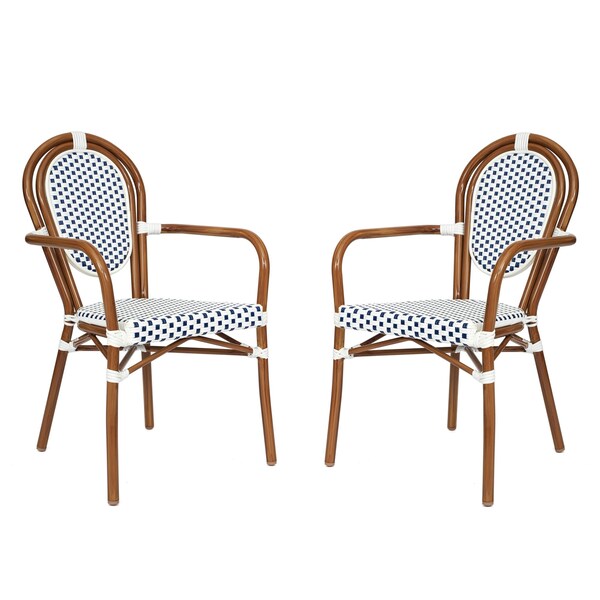 Flash Furniture Lourdes Thonet French Bistro Stacking Chair w/Arms, White/Navy PE Rattan/Bamboo Alum Frame, 2PK - 2-SDA-AD642002A-WHNVY-NAT-GG