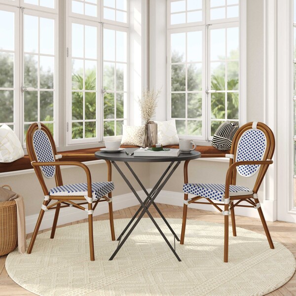 Flash Furniture Lourdes Thonet French Bistro Stacking Chair w/Arms, White/Navy PE Rattan/Bamboo Alum Frame, 2PK - 2-SDA-AD642002A-WHNVY-NAT-GG