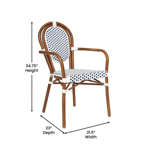 Flash Furniture Lourdes Thonet French Bistro Stacking Chair w/Arms, White/Navy PE Rattan/Bamboo Alum Frame, 2PK - 2-SDA-AD642002A-WHNVY-NAT-GG