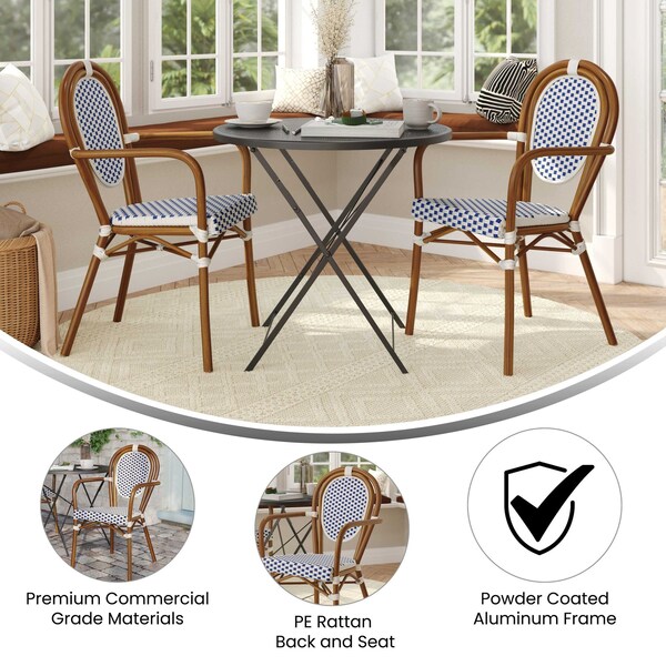 Flash Furniture Lourdes Thonet French Bistro Stacking Chair w/Arms, White/Navy PE Rattan/Bamboo Alum Frame, 2PK - 2-SDA-AD642002A-WHNVY-NAT-GG