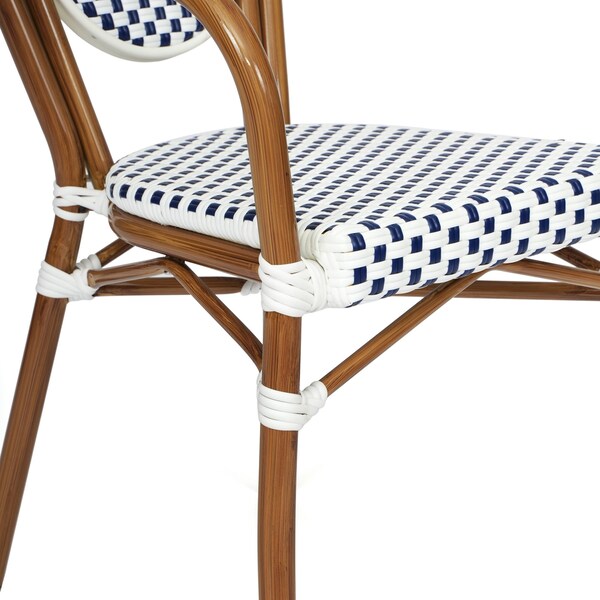 Flash Furniture Lourdes Thonet French Bistro Stacking Chair w/Arms, White/Navy PE Rattan/Bamboo Alum Frame, 2PK - 2-SDA-AD642002A-WHNVY-NAT-GG