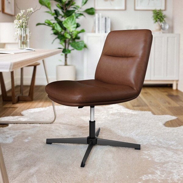 Flash Furniture Chloe Mid-Back Cognac Padded LeatherSoft Armless Office Chair Adjust, Swivel Function, Black Frame - CH-232174-CGN-BK-GG
