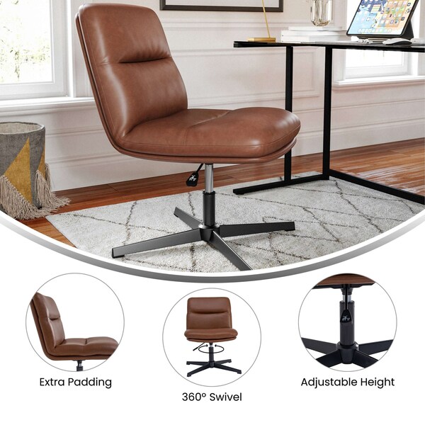 Flash Furniture Chloe Mid-Back Cognac Padded LeatherSoft Armless Office Chair Adjust, Swivel Function, Black Frame - CH-232174-CGN-BK-GG