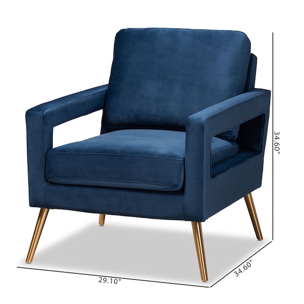 Baxton Studio Leland Glam and Luxe Navy Blue Velvet Fabric and Gold Finished Armchair - 182-11446-ZORO