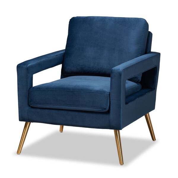 Baxton Studio Leland Glam and Luxe Navy Blue Velvet Fabric and Gold Finished Armchair - 182-11446-ZORO