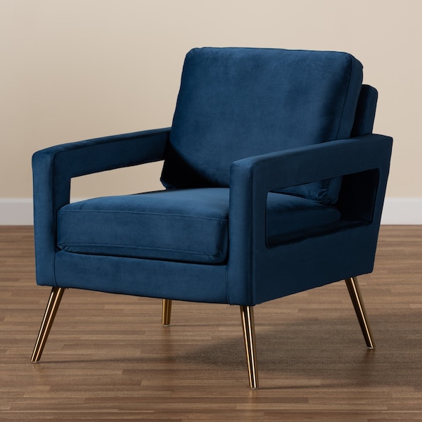 Baxton Studio Leland Glam and Luxe Navy Blue Velvet Fabric and Gold Finished Armchair - 182-11446-ZORO