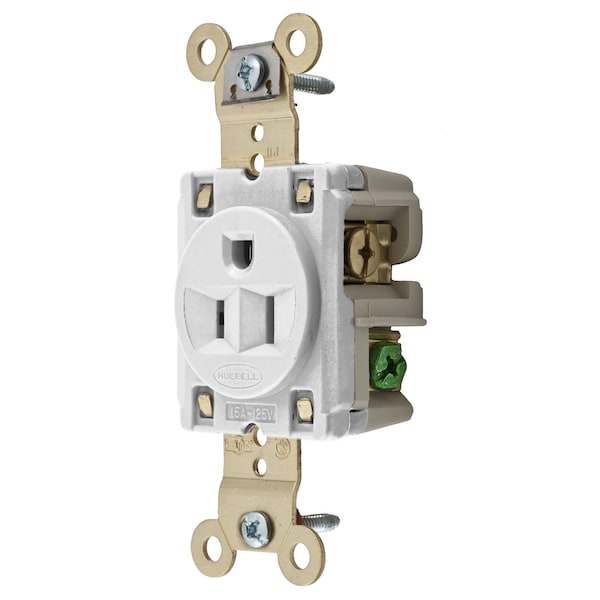 Hubbell Wiring Device-Kellems Straight Blade Devices, Receptacles, Single, Industrial Grade, 2-Pole 3-Wire Grounding, 15A 125V, 5-15R, White, Single Pack, Ring Terminal. - HBL5261WRT