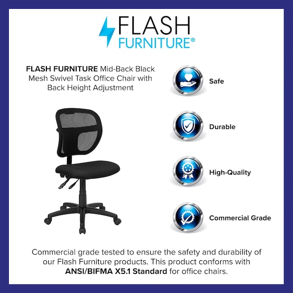Flash Furniture Fabric Task Chair, 22 1/2-, No Arm, Back, Seat, Frame: Black - WL-A7671SYG-BK-GG