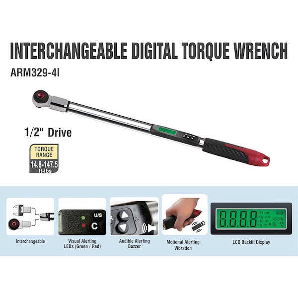Acdelco 1/2" INTERCHANGEABLE Digital Torque Wrench, 15 to 147 ft-lbs - ARM329-4i