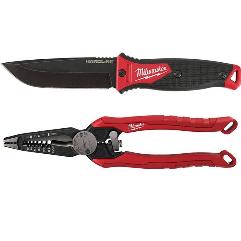 Milwaukee Hardline 5 in. AUS-8 Steel Fixed Blade Knife with 7-in-1 Combination Wire Strippers Pliers (2-Piece) - 48-22-1928-48-22-3078