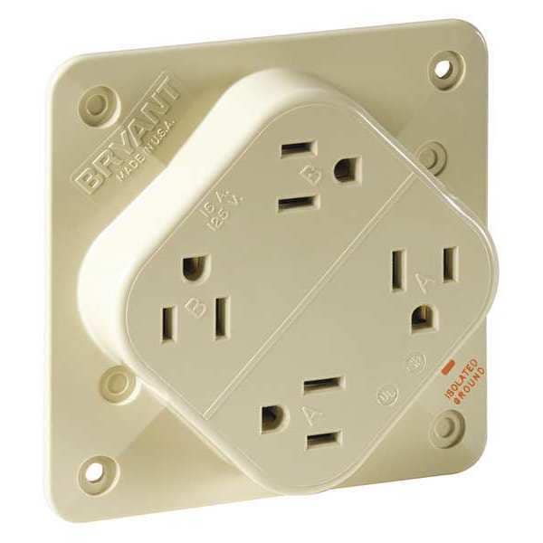 Zoro Select Receptacle, 15 A Amps, 125V AC, Flush Mount, Quad Outlet, 5-15R, Ivory - 1254SIA