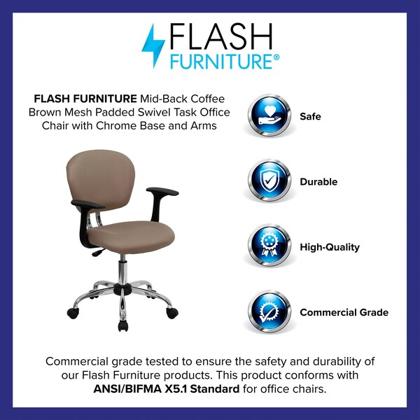 Flash Furniture Mesh Task Chair, 17-1/4" to 21", Fixed Arms, Coffee Brown - H-2376-F-COF-ARMS-GG