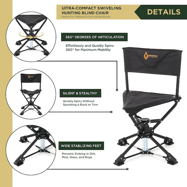 Arrowhead Outdoor 360Deg-Swiveling Compact Hunting Blind and Fishing Chair Stool Seat, Charcoal Black - KKS0261U